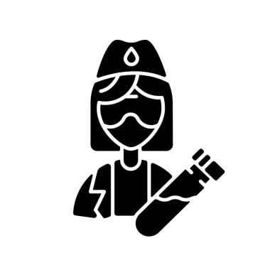 Laboratuvar çalışanı siyah kabartma simgesi. Klinik tanı. Kan testi. Laboratuvar kimyageri. Tüplü doktor. Hastane incelemesi. Sağlık kontrolü. Beyaz uzayda siluet sembolü. Vektör izole illüstrasyonu