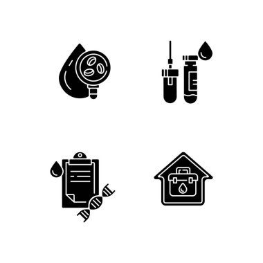 Beyaz uzaya dizilmiş siyah kabartma sembolleri kan kontrolü yapıyor. Sıvıyı hastalık için analiz et. Hastane sınavı. İğneli tüp. Ev doktoru ziyareti. Soy araştırması. Siluet sembolleri. Vektör izole illüstrasyonu