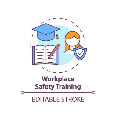 İş yeri güvenliği eğitim konsepti ikonu. İş yeri güvenlik hakları. Çalışan kişisel işler öğretmek ince çizgiler çizmeyi gerektirir. Vektör izole edilmiş RGB renk çizimi. Düzenlenebilir vuruş