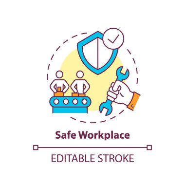 Güvenli iş yeri konsepti ikonu. İş yeri güvenlik unsurları. Emloyee Health için her gün güvenlik. Hayat kurtarma stratejisi ince çizgi çizimi. Vektör izole edilmiş RGB renk çizimi. Düzenlenebilir vuruş