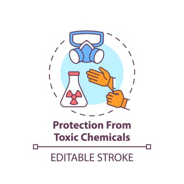 Zehirli kimyasalların konsept ikonundan koruma. Çalışanlar için tehlikeli çevreyle teması en aza indir ince çizgi çizimi. Vektör izole edilmiş RGB renk çizimi. Düzenlenebilir vuruş