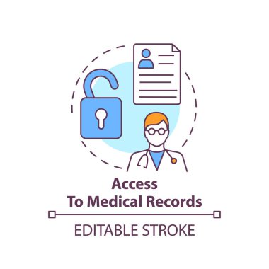 Tıbbi kayıtların konsept ikonuna erişim. Çalışanların sağlık durumları hakkında farklı bilgiler. Tıbbi bakım fikri ince çizgi çizimi. Vektör izole edilmiş RGB renk çizimi. Düzenlenebilir vuruş