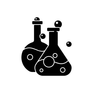 Siyah matara sembolü. Laboratuvar gemisi ve konteynır. Sıvı içermesi için kimyasal cam. Kimyasal sıvı örnekleri tutuluyor. Beyaz uzayda siluet sembolü. Vektör izole illüstrasyonu