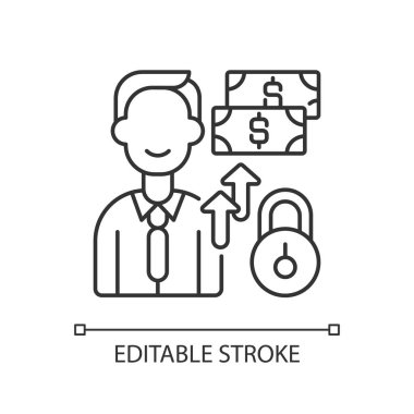 Özel donör doğrusal simgesi. Bozuk para ya da milyon dolarlık bağışlarla bağış yapan insanlar. İnce çizgi özelleştirilebilir illüstrasyon. Contour sembolü. Vektör izole çizim. Düzenlenebilir vuruş