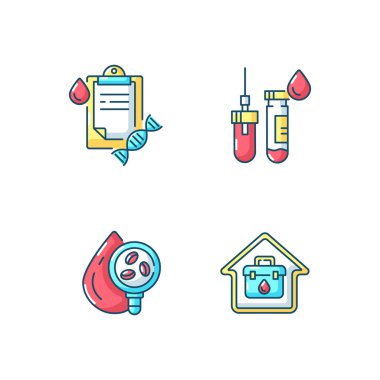 Kan kontrolü RGB renk simgeleri ayarlandı. Sıvıyı hastalık için analiz et. Hastane sınavı. İğneli tüp. Ev doktoru ziyareti. Soy araştırması. Klinik tanı. İzole vektör çizimleri