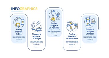 Winter Blues semptomları vektör bilgi şablonu. Duyarsızlık, umutsuz sunum tasarım unsurları hissetmek. Veri görselleştirmesi 5 adımda. Zaman çizelgesi. Doğrusal simgelerle çalışma akışı düzeni