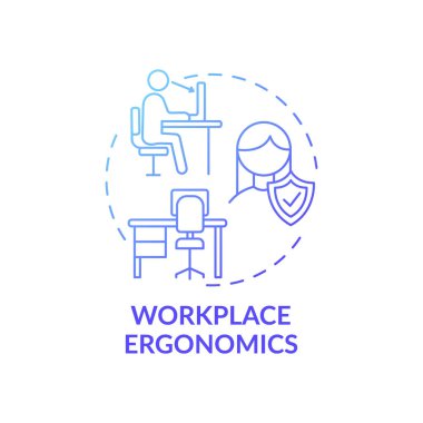 İşyeri ergonomik konsept simgesi. İş yeri güvenliği endişeleri. Tüm hukuki haklar ve işçi fikirlerinin kısıtlamaları ince çizgiler çiziyor. Vektör izole edilmiş RGB renk çizimi