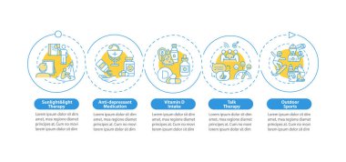 Winter Blues tedavi vektör bilgi şablonu. Işık terapisi, D vitamini tasarım elementleri. Veri görselleştirmesi 5 adımda. Zaman çizelgesi. Doğrusal simgelerle çalışma akışı düzeni