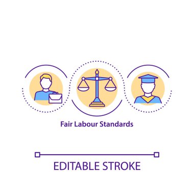 Adil iş standartları konsepti ikonu. İş ilişkileri ince çizgiler çizer. Asgari ücret, standart çalışma haftası. Vektör izole edilmiş RGB renk çizimi. Düzenlenebilir vuruş