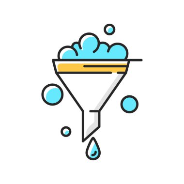 Huni RGB renk simgesi. Kimya laboratuvarı. Süzme. Katıları sıvılardan ayırmak. Kimyasalların dökülmesini önlemek için. Maddeler konteynırlara aktarılıyor. İzole vektör illüstrasyonu