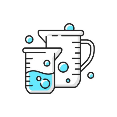 Beaker RGB renk simgesi. Düz tabanlı silindirik konteynır. Tutma, karıştırma ve ısıtma reaktörleri. Laboratuvar ekipmanları. Sıvılar dökülüyor. Laboratuvar deneyleri. İzole vektör illüstrasyonu