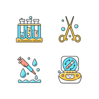 Laboratuvar araçları RGB renk simgeleri ayarlandı. Dik duran çoklu test tüpleri. Kıskaç. Laboratuvar pipeti. Laboratuvar santrifüjü. Güvenli bir depo. Kimyasal damlalar. İzole vektör çizimleri