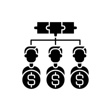 Hissedarlar siyah kabartma simgesi. Kamu veya özel şirketin hisse senedini yasal olarak elinde bulunduran şahıs ya da şirket. Beyaz uzayda siluet sembolü. Vektör izole illüstrasyonu
