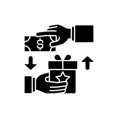 Ödül tabanlı kitle fonlu siyah sembol. Bir çeşit ödül karşılığında küçük meblağlarda bağış yapan şahıslar. Beyaz uzayda siluet sembolü. Vektör izole illüstrasyonu