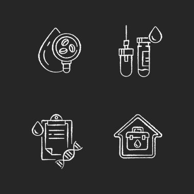 Beyaz uzaya dizilmiş siyah kabartma sembolleri kan kontrolü yapıyor. Sıvıyı hastalık için analiz et. Hastane sınavı. İğneli tüp. Ev doktoru ziyareti. Soy araştırması. Siluet sembolleri. Vektör izole illüstrasyonu