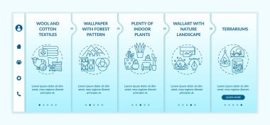 Biyofili iç dizayn vektör şablonunda. Yün, pamuk tekstil. Orman desenli duvar kağıdı. Simgeli ilgili mobil web sitesi. Web sayfası basamak ekranları. RGB renk kavramı