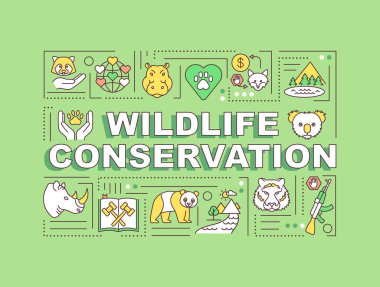 Vahşi yaşamı koruma kelimesi afişi kavramsallaştırır. Yenileme, yaşam alanı korumasını arttırma. Yeşil arkaplanda doğrusal simgeleri olan bilgi grafikleri. İzole tipografi. Vektör çizgisi RGB renk çizimi