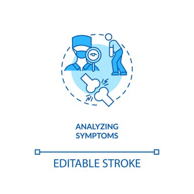 Semptomlar konsept ikonu analiz ediliyor. CFS tanılama fikri ince çizgi çizimi. Doktor-hasta etkileşimi. Tıbbi teşhisler. Vektör izole edilmiş RGB renk çizimi. Düzenlenebilir vuruş