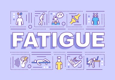 Yorgunluk kelimesi afişi kavramlaştırır. İş gününden sonra çok yorgun olmak. Mor arkaplanda doğrusal simgeleri olan bilgi grafikleri. İzole tipografi. Vektör çizgisi RGB renk çizimi