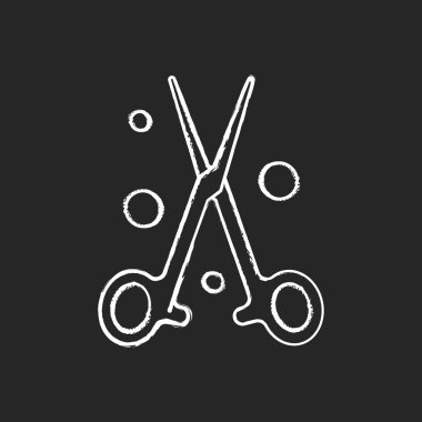 Forseps siyah arkaplanda beyaz tebeşir simgesi. El bilgisayarı, menteşeli alet. Dokuları ve iğneleri manipüle etmek. Hassas operasyonlar. Cerrahi makas. İzole edilmiş vektör karatahta çizimi