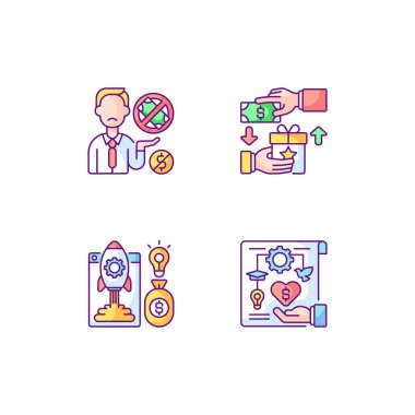 Kitle fonlama sorunları RGB renk simgeleri ayarlandı. Toplu ödeneğe dayalı ödül. Donör yorgunluğu sorunları. Kâr amacı gütmeyen bir proje. İzole vektör çizimleri