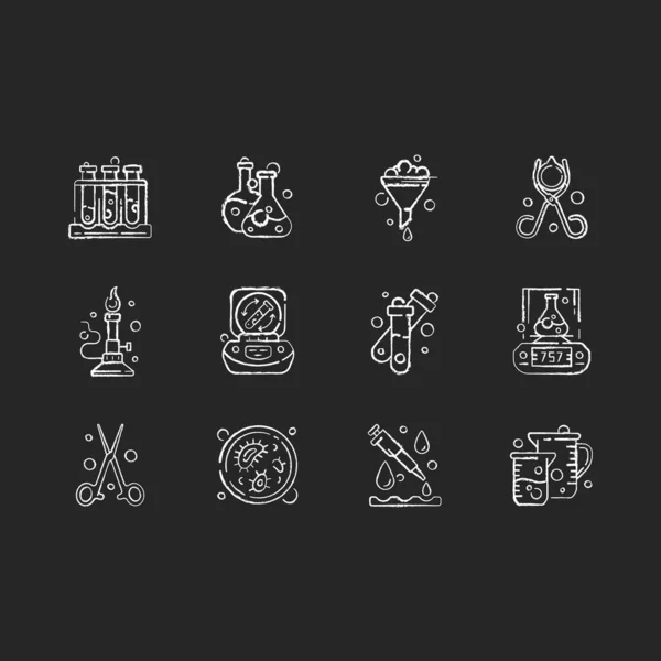 Equipo Laboratorio Tiza Iconos Blancos Establecidos Sobre Fondo Negro Estante — Vector de stock