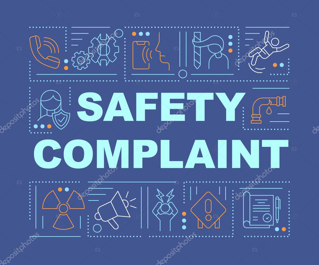 Safety complaint word concepts banner. Workplace violence. Work-related injuries. Infographics with linear icons on blue background. Isolated typography. Vector outline RGB color illustration
