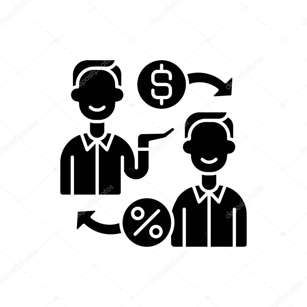 Peer to peer lending black glyph icon. Giving money to businesses through online services that match lenders with borrowers. Silhouette symbol on white space. Vector isolated illustration