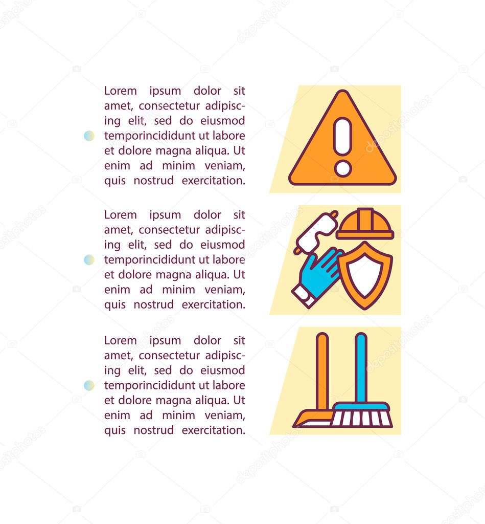 Workplace safety procedures concept icon with text. Reducing health risks. Wearing protective equipment. PPT page vector template. Brochure, magazine, booklet design element with linear illustrations
