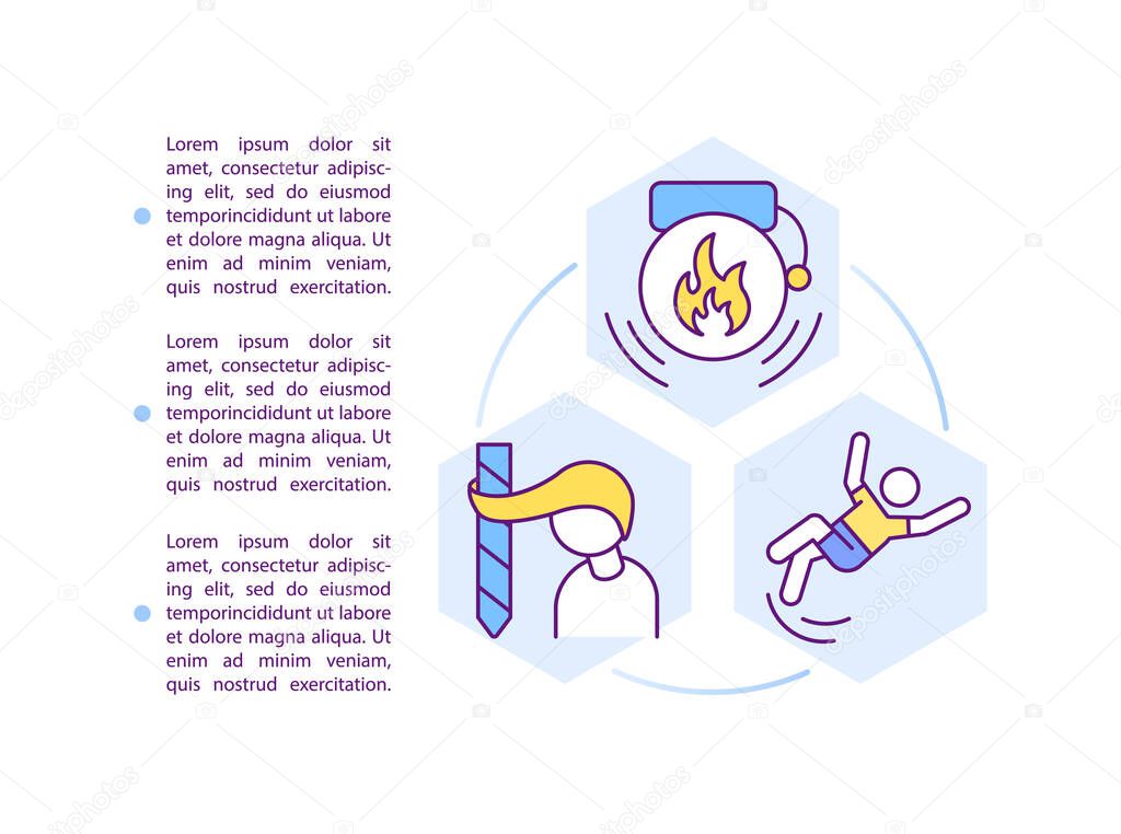 Unsafe working conditions concept icon with text. Using defective equipment. Fire hazards. Falls, slips. PPT page vector template. Brochure, magazine, booklet design element with linear illustrations