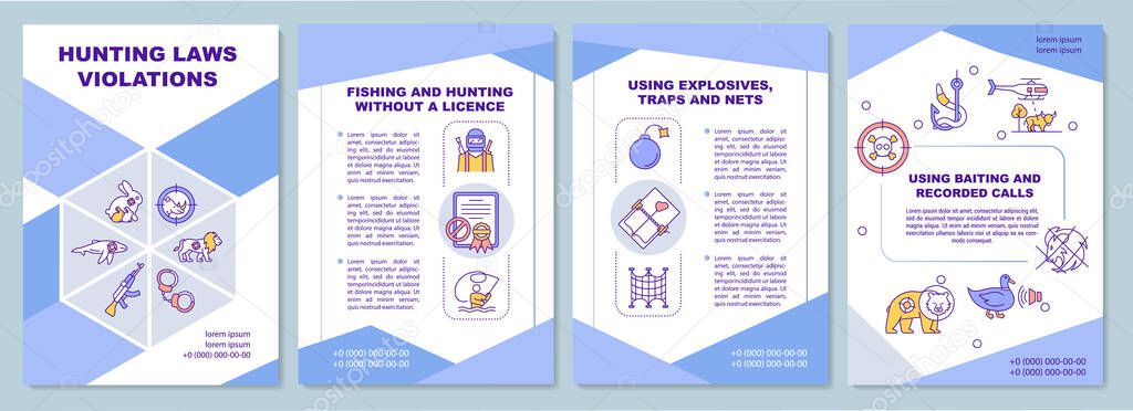 Hunting laws violations brochure template. Using traps and nets. Flyer, booklet, leaflet print, cover design with linear icons. Vector layouts for magazines, annual reports, advertising posters