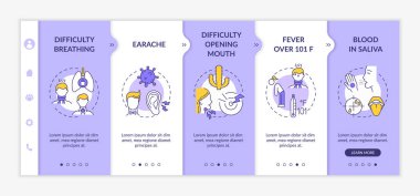 Boğaz iltihaplanma komplikasyonları vektör şablonunda. Nefes almakta zorlanıyorum. Kulak ağrısı. Ateşi 38 derecenin üzerinde. Simgeli cep telefonu sitesi. Web sayfası basamak ekranları. RGB renk kavramı