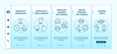 Boğaz iltihabı semptomları vektör şablonunda. Yutmakta zorlanıyorum. Şişmiş bezler ve bademcikler. Simgeli ilgili mobil web sitesi. Web sayfası basamak ekranları. RGB renk kavramı