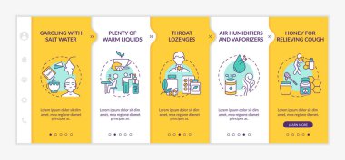 Gırtlak iltihabı tedavisi, vektör şablonunda. Tuzlu suyla gargara yapmak. Ilık sıvılar. Buharlaştırıcılar. Simgeli ilgili mobil web sitesi. Web sayfası basamak ekranları. RGB renk kavramı