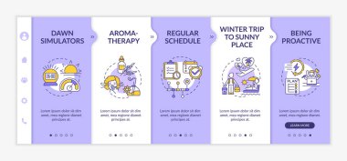 Mevsimsel duygusal düzensizliği azaltmak için ipuçları. Şafak simülatörü. Normal program. Simgeli ilgili mobil web sitesi. Web sayfası basamak ekranları. RGB renk kavramı