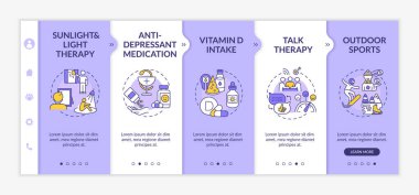 Mevsimsel duygusal hastalık tedavisi vektör şablonunda. Güneş ışığı terapisi. Antidepresan ilaçlar. Simgeli ilgili mobil web sitesi. Web sayfası basamak ekranları. RGB renk kavramı