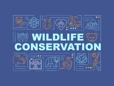 Vahşi yaşamı koruma kelimesi afişi kavramsallaştırır. Biyolojik çeşitlilik düzenlemesi. Mavi arkaplanda doğrusal simgeleri olan bilgi grafikleri. İzole tipografi. Vektör çizgisi RGB renk çizimi