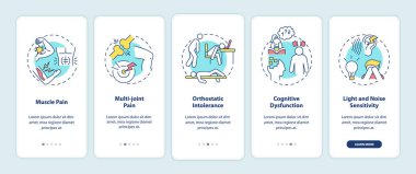 Mobil uygulama sayfasında konseptlerle birlikte CFS belirtileri görülüyor. Kas ağrısı, ortopedik hoşgörüsüzlük 5 adımda grafik talimatlar. RGB renk resimleriyle UI vektör şablonu