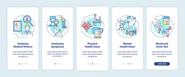 Konseptlerle birlikte mobil uygulama sayfası ekranında CFS teşhisi. Tıbbi geçmişi ve belirtileri analiz ediyorum. 5 aşamalı grafik talimatlar. RGB renk resimleriyle UI vektör şablonu