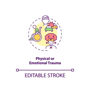 Fiziksel ve duygusal travma konsepti ikonu. CFS ince çizgi çizimine neden olur. Yaralanma ve ameliyat. Önemli bir duygusal stres. Vektör izole edilmiş RGB renk çizimi. Düzenlenebilir vuruş