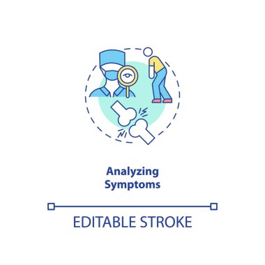 Semptomlar konsept ikonu analiz ediliyor. CFS tanılama fikri ince çizgi çizimi. Zihinsel ve fiziksel sağlık durumu. Tıbbi teşhisler. Vektör izole edilmiş RGB renk çizimi. Düzenlenebilir vuruş