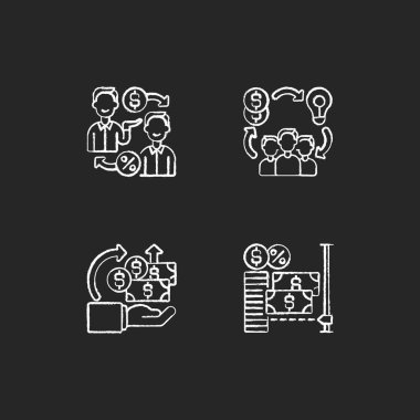 Örgüt, siyah arkaplanda beyaz tebeşir ikonları oluşturdu. Fon şirketleri modern platformları kullanarak küçük bütçelerle projeler yapıyorlar. İzole edilmiş vektör karatahta çizimleri