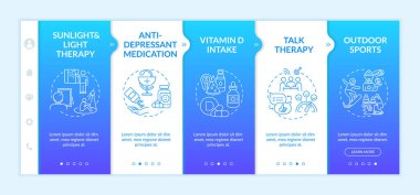 Mevsimsel duygusal hastalık tedavisi vektör şablonunda. D vitamini konuşma terapisi. Açık hava sporları. Simgeli ilgili mobil web sitesi. Web sayfası basamak ekranları. RGB renk kavramı