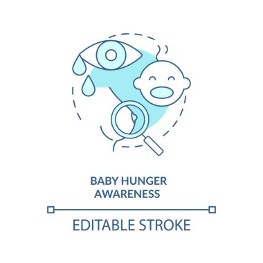 Bebek açlık farkındalığı konsepti ikonu. Emzirme ipuçları. Çocuklar yemek yemek için ağlıyorlar. Yeni doğanlar ince çizgili resimlerden içmek isterler. Vektör izole edilmiş RGB renk çizimi. Düzenlenebilir vuruş
