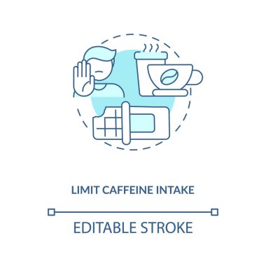 Kafein alımı konseptini kısıtla. Sağlıklı emzirme diyeti. Kahve içeceklerini ve yeşil çay fikrini azaltmak için ince çizgiler çizdim. Vektör izole edilmiş RGB renk çizimi. Düzenlenebilir vuruş
