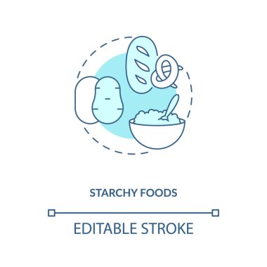 Starchy Foods ürünleri konsept ikonu. Sağlıklı emzirme diyeti. Yeni doğanlara sağlıksız yiyecekler vermekten kaçının. Fikir ince çizgili resimleme. Vektör izole edilmiş RGB renk çizimi. Düzenlenebilir vuruş