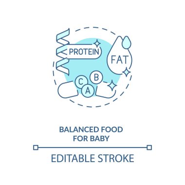 Bebek konsepti ikonu için dengeli yiyecek. Emzirme avantajları. Bir sürü vitamin ve mineral. Çocukları beslemek ince çizgiler çiziyor. Vektör izole edilmiş RGB renk çizimi. Düzenlenebilir vuruş