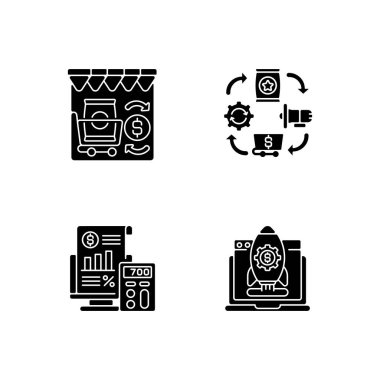 İş yönetimi siyah simge simgeleri beyaz alana ayarlandı. Perakende ticaret, lojistik organizasyon, başlangıç geliştirme. Muhasebe ve mali denetim siluetleri. Vektör izole illüstrasyonu