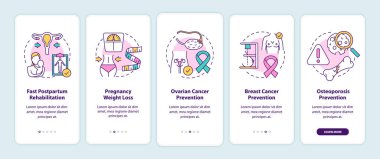 Mobil uygulama sayfasında kavramları olan kadınlar için emzirme faydaları. Doğum sonrası rehabilitasyon 5 aşamalı grafik talimatlar. RGB renk resimleriyle UI vektör şablonu