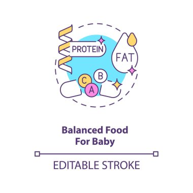Balanced food for baby concept icon. Breastfeeding benefits. Lots of vitamins and minerals. Feeding newborn idea thin line illustration. Vector isolated outline RGB color drawing. Editable stroke clipart